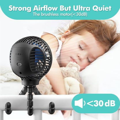 HomeLifairy Portable Stroller Fan, USB or Rechargeable Battery Operated with 3 Speeds and 360°Rotate, Cooling Clip On for Baby Crib Travel Car Seat Black