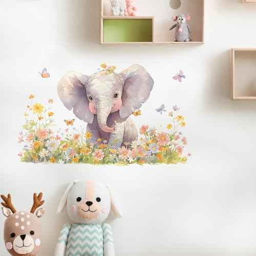 Baby Elephant Floral Wall Decals Removable African Animal Vinyl Stickers for Nursery Kids Bedroom and Playroom Decor Peel and Stick Watercolor Wall Art
