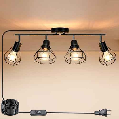 HiBay Plug in Track Lighting Fixtures Ceiling, Adjustable 4-Light Track Light Black, Directional Modern Ceiling Spotlight E26 with 16.4ft Cord & in-Line On/Off Switch for Kitchen Living Room Dorm