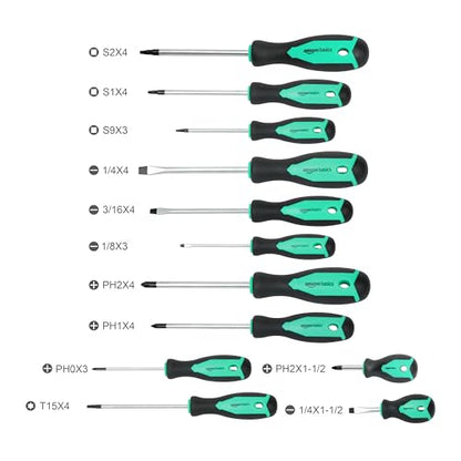 Amazon Basics Magnetic Screwdrivers Set, Includes Phillips, Slotted, Torx, Square, and Stubby Screwdrivers, 12-Piece Hand Tools Set, Turquoise