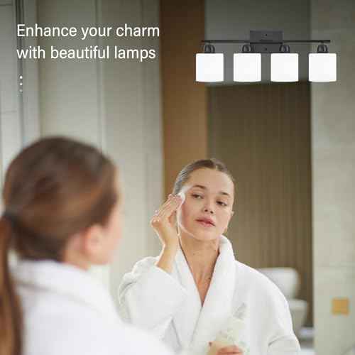 4-Light Black Bathroom Vanity Light, Light Fixtures with Milky White Frosted Glass Shades, Black Vanity Light for Bathroom Mirror, Bedroom, Living Room, Vanity Table, E26 Base