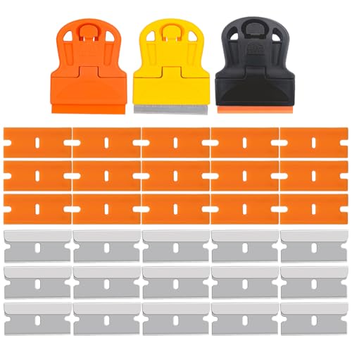 3 Pack Razor Blade Scraper Scraper Tool with Extra 15 Plastic Razor Blades and 15 Metal Blades£¬Adhesive Remover Removing Labels Stickers Taping on Glass Windows£¬Decal Sticker Remover