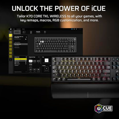 Corsair K70 CORE TKL Wireless RGB Tenkeyless Mechanical Gaming Keyboard – Pre-Lubed MLX Red v2 Linear Switches, SOCD, ABS Double-Shot Keycaps, Sound Dampening, 1000Hz Polling, QWERTY NA – Black