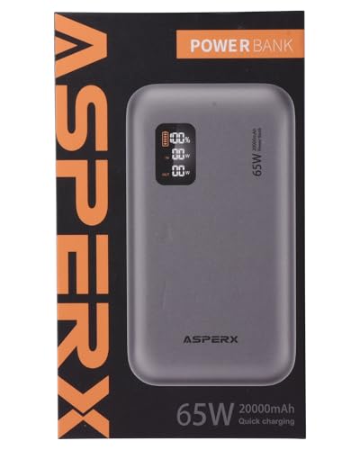 AsperX 65W Power Bank, 20,000mAh Laptop Portable Charger, PD 3.0 Fast Charging Travel Essential USB C Battery Pack for MacBook,iPhone 17/16/15/14 Series,Galaxy S24,Dell XPS, Switch,ipad,Steam Deck
