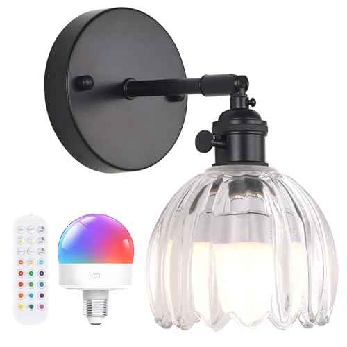Vintage Battery Operated Wall Sconce with Cute Transparent Tulip Glass Lampshade Wireless Rechargeable Battery Powered Black Wall Light with Remote Control for Bedside Bedroom Doorway