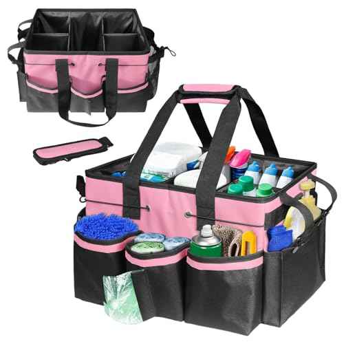 Cleaning Caddy Tote with Removable Dividers - 17.8x12.2x9.3in Waterproof Tool Organizer Bag with Handles & Adjustable Shoulder Strap for Housekeepers, Cleaners & Car Detailing Supplies (Pink)