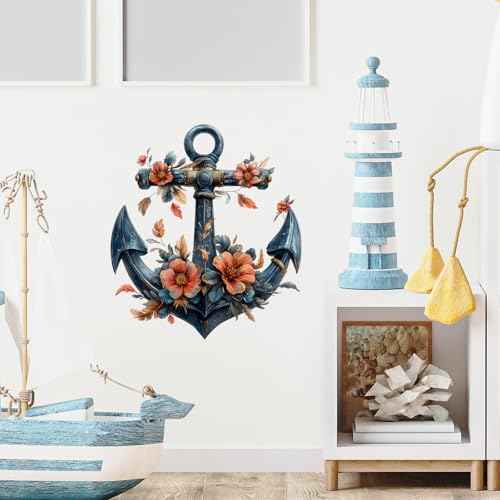 Floral Anchor Wall Decals Removable Nautical Vinyl Stickers for Nursery Kids Bedroom and Playroom Decor Peel and Stick Vintage Watercolor Wall Art