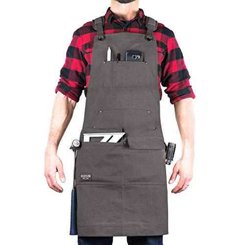 Hudson Durable Goods Woodworking Edition Waxed Canvas Tool Apron for Men and Women, Heavy Duty Work Apron with Front Pockets, Adjustable Padded Straps, Quick Release Buckle, Crossback - One Size, Grey