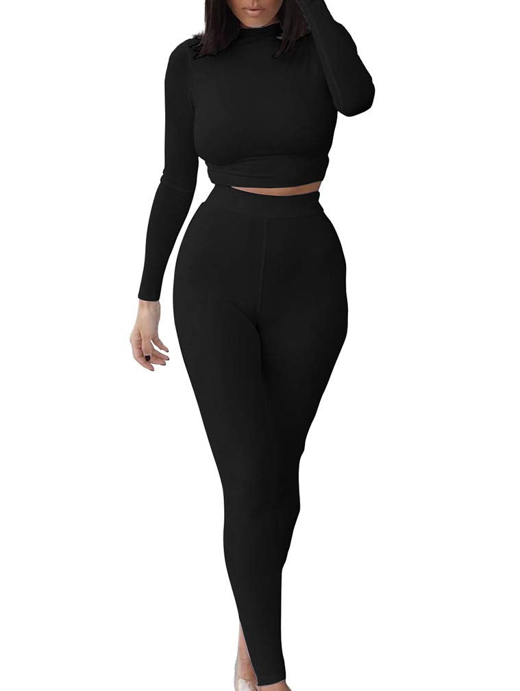 GOKATOSAU Women's Sexy 2 Piece Outfits Long Sleeve Crop Top Pants Set Club Jumpsuits Black