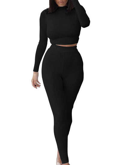 GOKATOSAU Women's Sexy 2 Piece Outfits Long Sleeve Crop Top Pants Set Club Jumpsuits Black