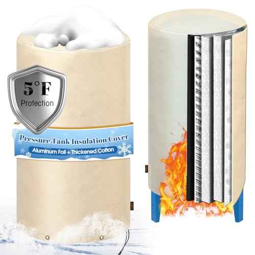 Insulated Well Pressure Tank Cover Aluminum Foil (5¢µ) - 16"D x 32"H Industrial 600D Outdoor Well Water Tank Insulation Blanket, Anti-UV Winter-Freeze Water Well Pump Cover, Beige