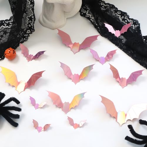 24Pcs Halloween Decorations Pink Bats for Wall Decor Various Size Laser 3D Bat Wall Decals PVC Reusable Bats Window Stickers for Halloween Party Indoor Home Office Decorations