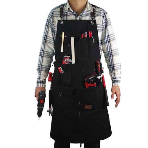 Woodworking Apron, Tool Apron, Canvas, Multiple Pockets, Adjustable Zipper, Metal Ring, Tape Measure Clip, Plus Size, Black.