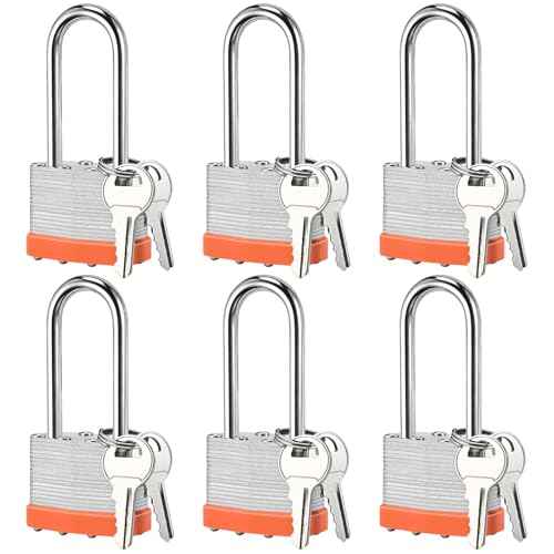 6pcs Solid Keyed Alike Padlock with 12 Same Keys - Resist Cutting, Gym Locker Lock with Key, Storage Pad Lock for Locker Gym Gate Outdoor Indoor Use (Long Shackle)
