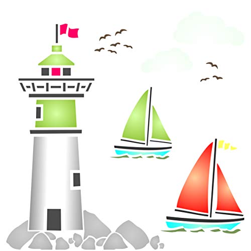 Lighthouse Stencil, 4.5 x 4.5 inch - Sea Ocean Nautical Sailboat Clouds