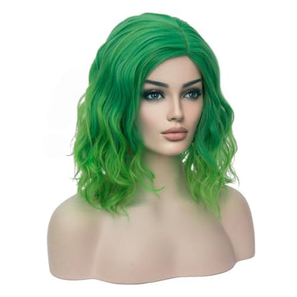 BERON Green Wigs for Women Short Curly Bob Wavy Wig Girls Ombre Green 14" Body Wave Shoulder Length Hair Wig Heat Resistant Synthetic Halloween Cosplay Daily Party Wigs