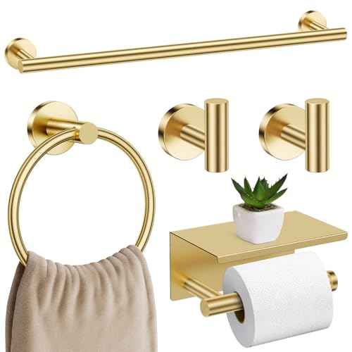 Brushed Gold Bathroom Hardware Set, 5 Pieces Gold Towel Bar Bathroom Accessories, Upgraded Toilet Paper Holder with Shelf Set, 23.6 Inch Towel Rack Towel Holder for Bathroom Wall