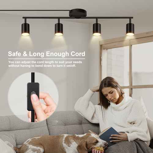 Plug in Track Lighting, LED Track Lighting Fixtures Ceiling, Black 4-Light Kitchen Light Kit, Plug in Wall Light with 14.8ft Power Cord, Rotatable Ceiling Spotlight for Bedroom(GU10 Socket, NO Bulb)