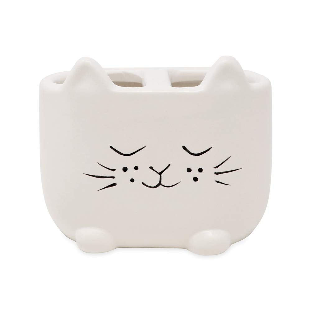 Isaac Jacobs White Ceramic Cat Makeup Brush Holder, Multi-Purpose 2-Section Organizer. Bathroom, Kitchen, Bedroom, Office Décor (2-Section Cup, Pastel White)