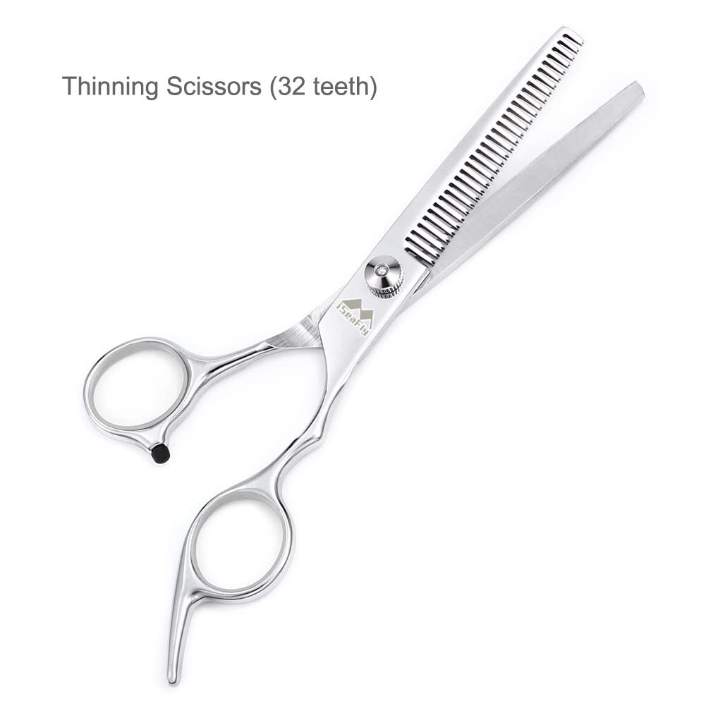 iSeaFly Dog Grooming Scissors Kit with Round Tip, 6 in 1 Cat Dog Scissors, Stainless Steel Pet Grooming Shears, Straight, Curved, Thinning Shears, Comb for Full Body, Face, Nose, Ear & Paw