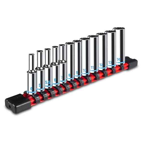1/4" Drive Deep Socket Set, 12PCS Metric Socket Set (4-14mm), 12-Point Design, Blue Embossed Marking, Equipped with Storage Holder, Chrome Vanadium Steel