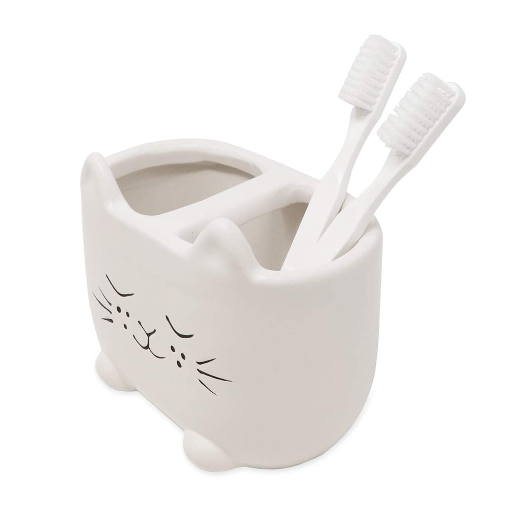Isaac Jacobs White Ceramic Cat Makeup Brush Holder, Multi-Purpose 2-Section Organizer. Bathroom, Kitchen, Bedroom, Office Décor (2-Section Cup, Pastel White)