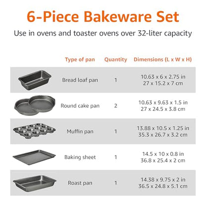 Amazon Basics 6 Piece Nonstick, Carbon Steel Oven Safe Bakeware Set with Cake, Muffin, Cookie, and Loaf Pans, 6 Piece, 16.25 x 11.75 x 6.25 inches