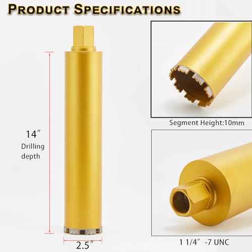2 1/2 Inch Wet Core Drill Bits, DaduoRi 2.5" Core Bit for Concrete, 14" Drilling Depth, 1-1/4"-7 Thread Diamond Core Bit for Cured Concrete with Rebar, Hard Masonry, Brick Block, Stucco, Stone (63mm)