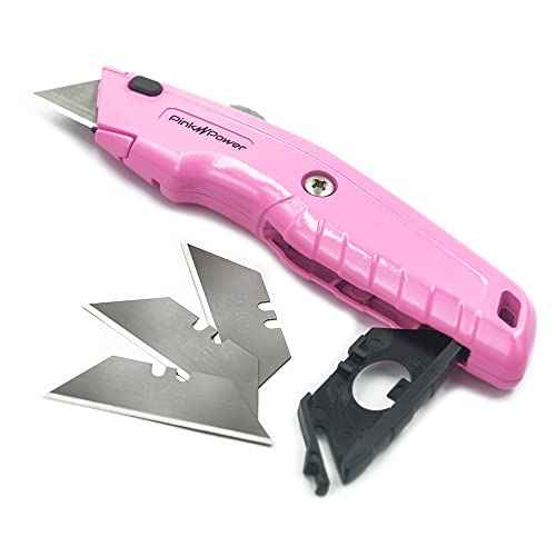 Pink Power Box Cutter Retractable, Pink Utility Knife for Carpet, Cute Box Cutter Knife Heavy Duty with 3 Blades and Storage Compartment - Opener Pocket Utility Tools for Women