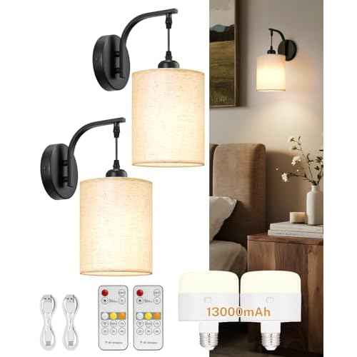 Battery Operated Wall Sconce, Black Rechargeable Sconces Set of 2, Wireless Wall Lamp Remote, Timer & 13000mAh bulbs, Battery Powered Dimmable Scones/Lights for Bedroom, Living Room, Bathroom