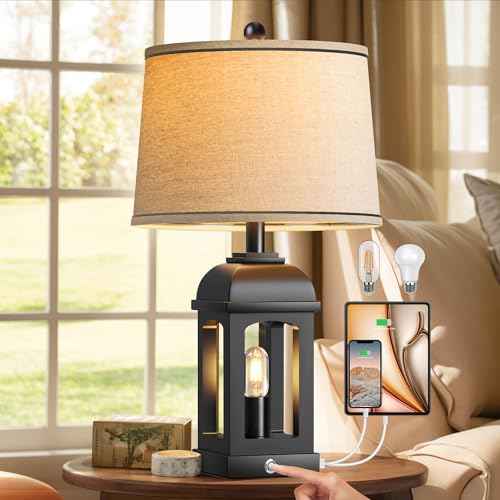 QiMH Table Lamp for Living Room, Farmhouse Lamps with USB A+C and Nightlight, 26" Rustic Bedside Lamps with 3-Way Dimmable Touch Control, Nightstand Lamp for Bedroom, Black, 1 Pack