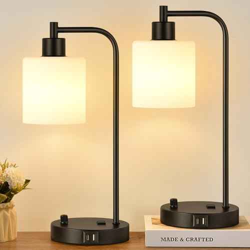 Lynnoland Set of 2 Industrial Table Lamps with USB C+A Ports and Outlet, Black Fully Stepless Dimmable Bedside Lamps, Nightstand Lamp with Opal Glass Shade for Reading Office (2 LED Bulb)
