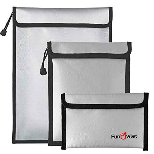 FunOwlet Fireproof Waterproof Document Bag, Fire and Water Resistant Safe Zipper Storage Organizer Pouch for A4/A5 Documents Holder, File, Cash, Jewelry, Passport, Tablet, Laptop, 3 Pack (Gray)