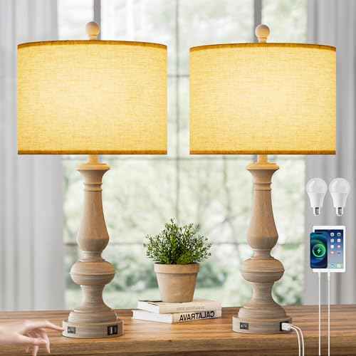 26" Farmhouse Resin Table Lamp for Bedroom Set of 2, Retro Bedside Lamps for Nightstand with USB C+A Ports, 3 Color Temperature Desk Lamp, Vintage Table Lamps for Living Room (2 Bulbs Included)