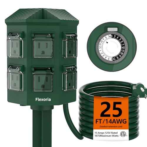 Flexora Outdoor Power Strip with 24-Hour Mechanical Timer, 25 FT Extension Cord Waterproof, 6 Grounded Outlets for Outdoor Christmas Decorations, ETL Listed (25 FT)