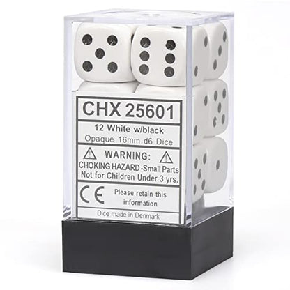 Chessex Opaque 16mm D6 White/Black Dice Block 12 Pipped Dice, Multicolor