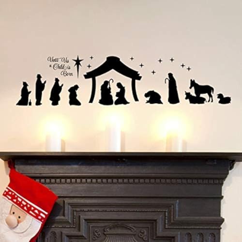 Large Christmas Nativity Scene Wall Decor Stickers Unto Us a Child is Born Nativity Vinyl Wall Decal - Christian Decor Mural YA296 (Black)