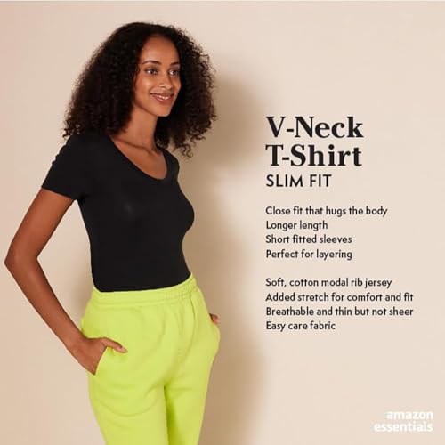 Amazon Essentials Women's Slim-Fit Short-Sleeve V-Neck T-Shirt, Pack of 2, Black, X-Small