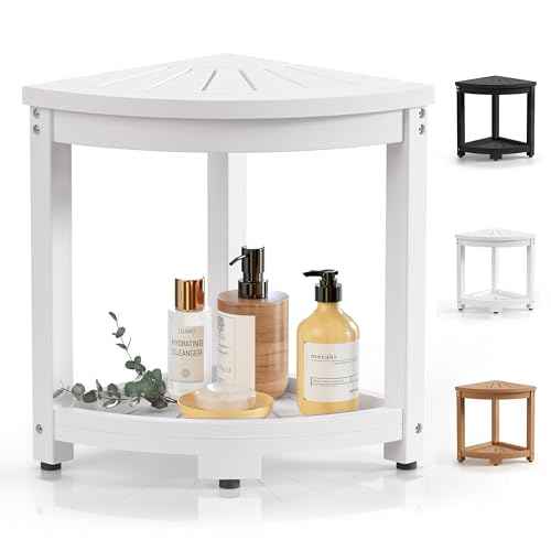 Corner Shower Stool for Inside Shower, HIPS Waterproof Shower Bench Seat Chair, Plastic Bath Shower Stool for Shaving Legs Foot Rest with Storage Shelf, Adjustable & Non-Slip Feet, White
