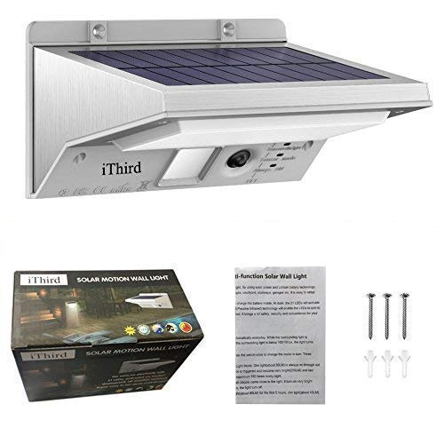 iThird Solar Lights Outdoor Motion Sensor, LED Solar Powered Security Lights Stainless Steel for Yard Patio Garage Waterproof 3 Modes Super Bright(Daylight)