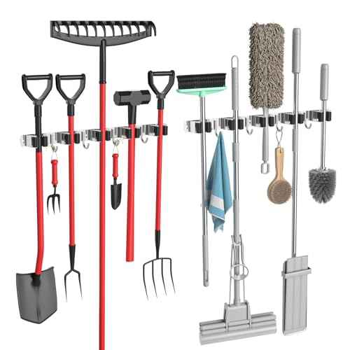 2 Pack Broom Holder Wall Mount Mop and Broom Hanger Broom Organizer Storage Tool Racks Stainless Steel Heavy Duty for Kitchen Garden Laundry Garage (5 Racks with 4 Hooks)