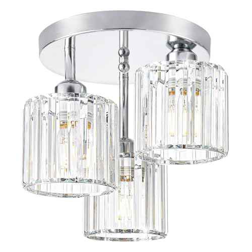 Crystal Ceiling Light Fixture, Chrome Semi Flush Mount Ceiling Light Fixture, 3-Light Hallway Lighting with Clear Crystal Shades for Kitchen Entryway Bedroom Bathroom Foyer, E26