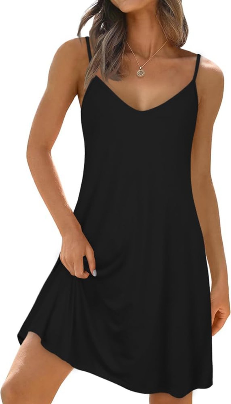 elescat Womens Summer Dresses Spaghetti Strap V Neck Casual Sleeveless Sundress Beach Cover Ups with Pockets (Black, M)