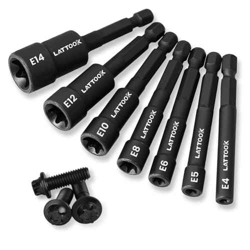 E-TORX Nut Driver Set, LATTOOK 7-Piece 1/4'' Hex Shank Female Torx Nut Driver E Torx & Star Nut Driver External Star Nut Driver Set for Impact Drill, E4 E5 E6 E8 E10 E12 E14