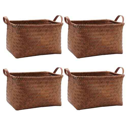 GIB Wicker Storage Baskets for Shelves, Woven Laundry Basket for Organizing Clothes Blanket Basket, Decorative Rectangular Closet Organizers Storage Bins with Handles, Brown, 4 Pack