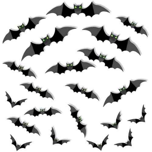 Halloween 3D Bats Wall Decoration 4 Different Sizes Bats with Glow Eyes PVC Scary DIY Realistic Sticker for Home Decor Wall Window Decal Bathroom Indoor Hallowmas Party Supplie (99)