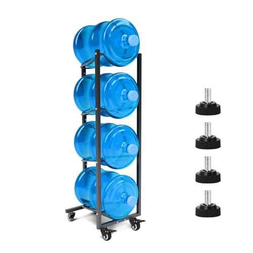 5 Gallon Water Bottle Holder: 4 Tier 5gal Water Jug Storage Rack with 4 Wheels for Home Kitchen Garage - Space Saving & Black