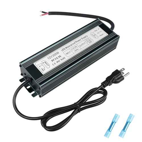 inShareplus 12V 300W Power Supply, AC 80-265V to DC 12 Volt 25A IP67 Waterproof LED Power Supply, Low Voltage Transformer, Outdoor Driver with 3-Prong Plug 3.3 Feet Cable for LED Light, Outdoor Use