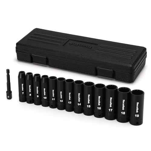 14 Pieces 3/8-Inch Drive Impact Socket Set, 12-Point, Metric, Deep, CR-V, 7mm to 19mm, Drill Socket Adapter 3/8"