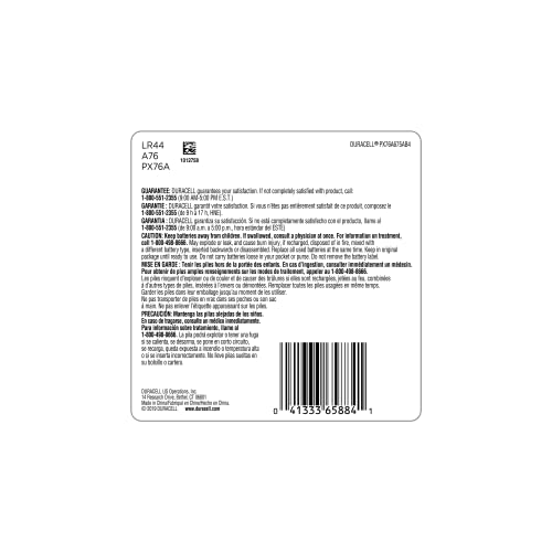 Duracell 76A 1.5V Batteries, 4 Count (Pack of 1), 76A 1.5 Volt Battery, Equivalent to LR44, A76, and AG13, Long-lasting for Watches, Alarms, Calculators and More